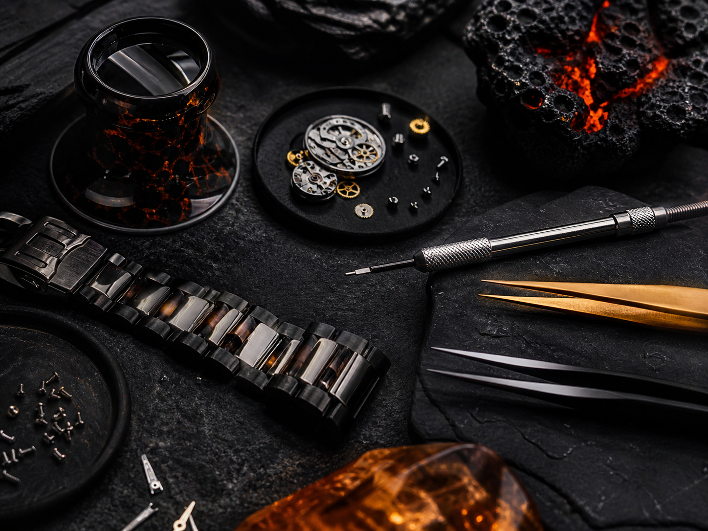 Pinterest style editorial image of watchmaking tools on a dark lava toned bench