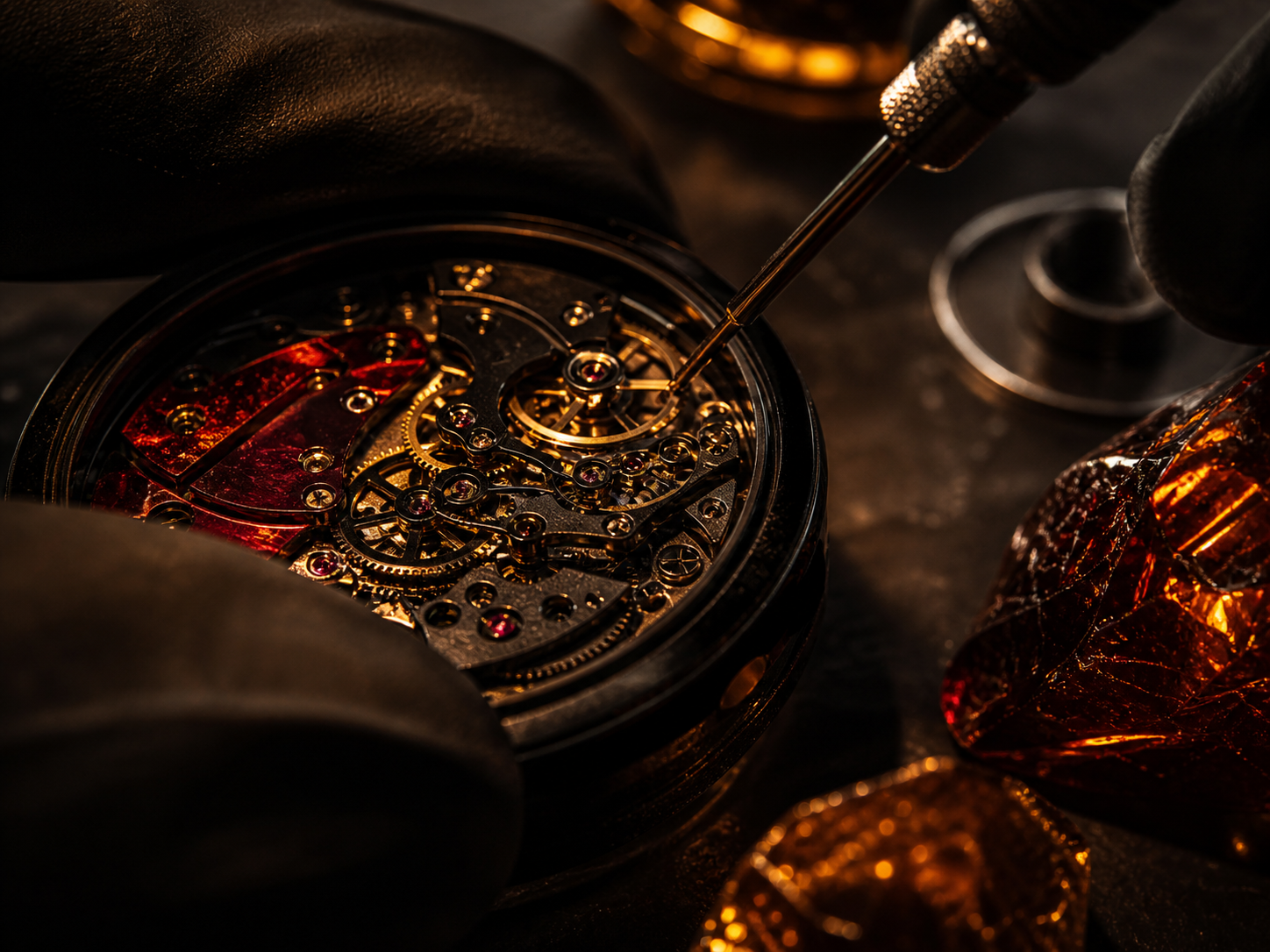 Dark editorial watch movement calibration image with lava accents